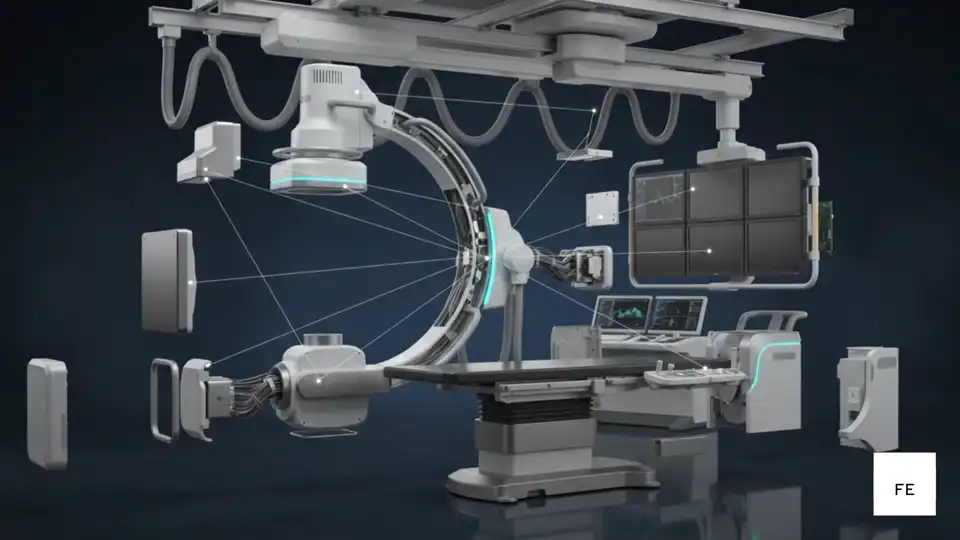 Exploded view of cath lab imaging system showing separated components